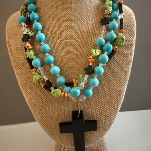 Southwestern Boho Natural Gemstone Cross Triple Strand Statement Necklace